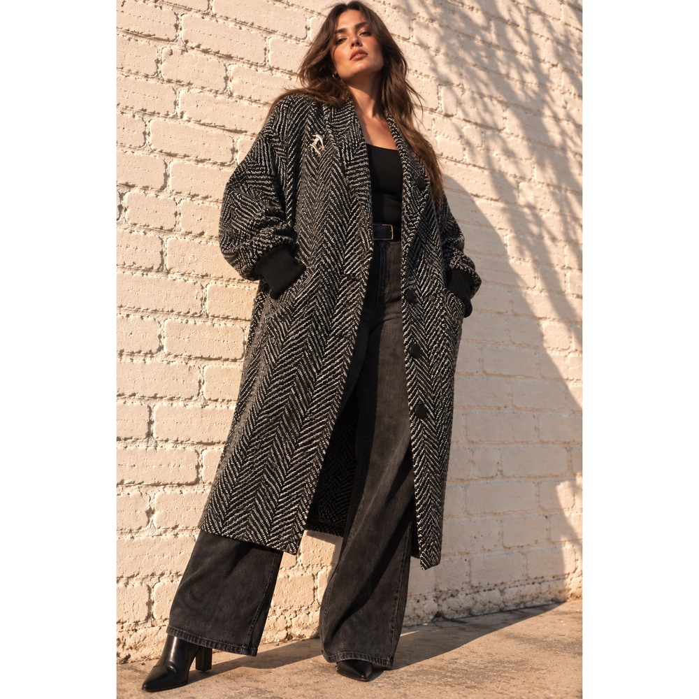 Vintage Black White Wool Herringbone Long Cocoon Overcoat Oversized ILGW 10